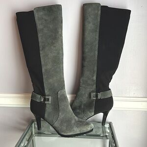 Tahari Greyson gray suede and black stretch color block knee high platform boots